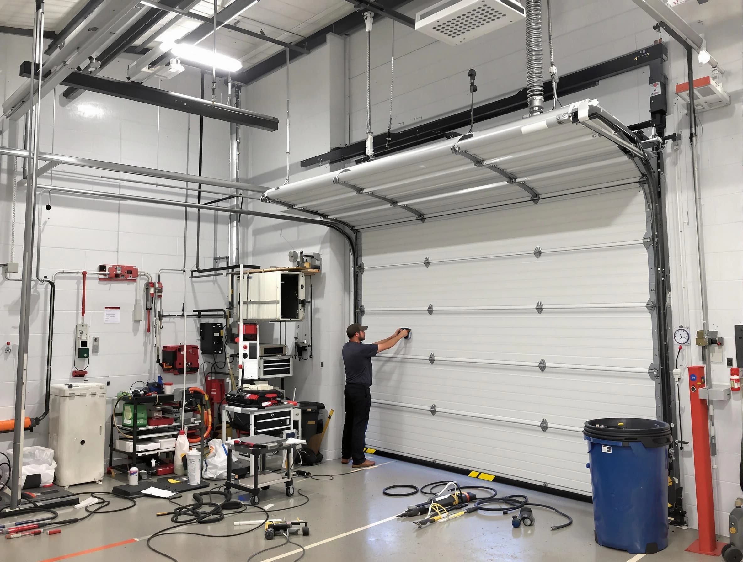 King George Garage Door Repair certified technician performing commercial door repair at a King George business facility