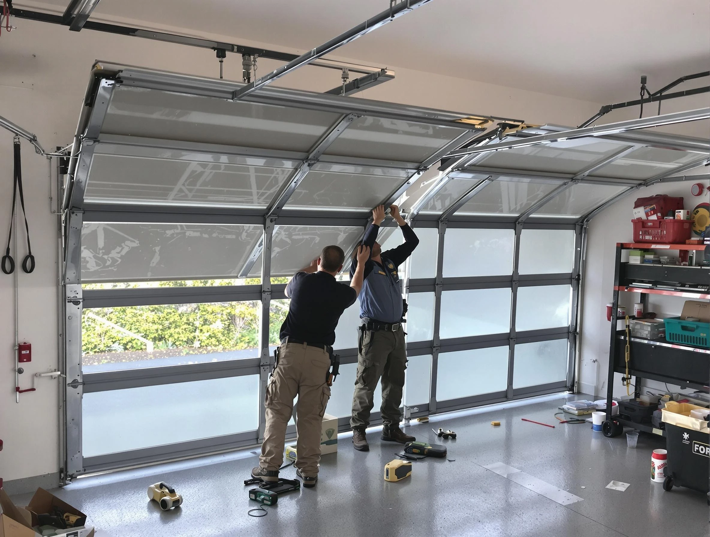 King George Garage Door Repair expert performing precise panel replacement on King George garage door