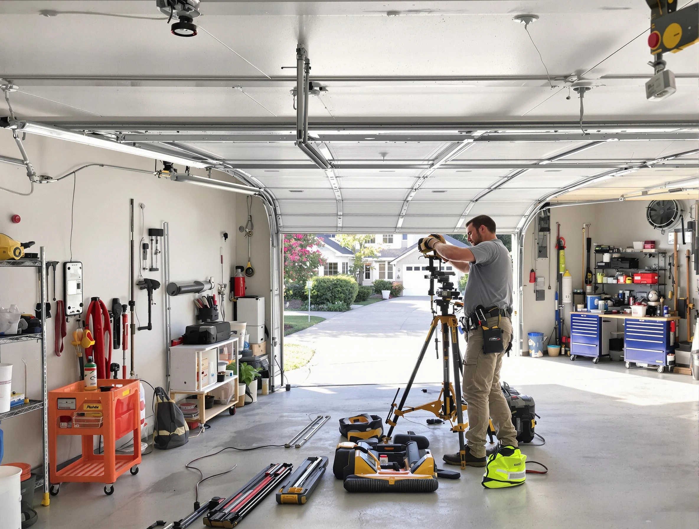 King George Garage Door Repair specialist performing laser-guided track alignment in King George